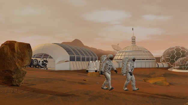 Renderowanie 3d kolonia na marsie dwóch astronautów ubranych w skafandry kosmiczne spacerujących po powierzchni marsa