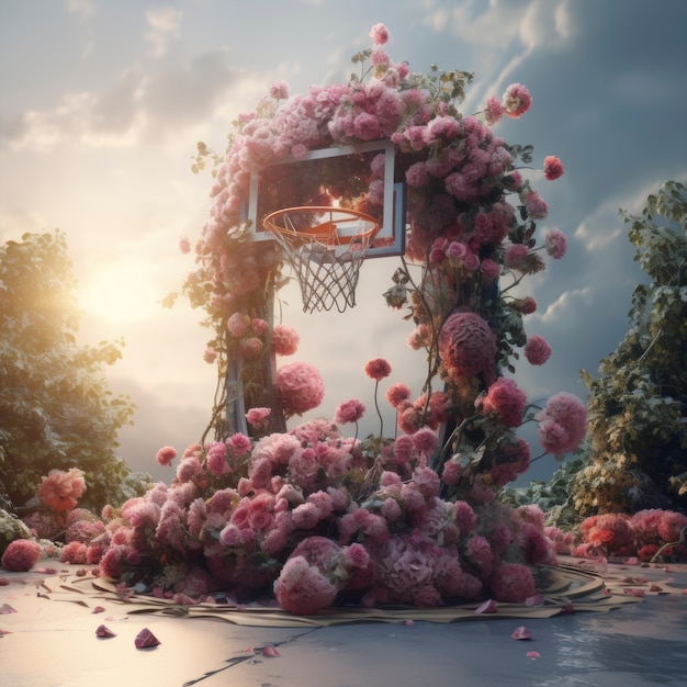 Bezpłatne zdjęcie renderowanie 3d koszyka do koszykówki ozdobionego kwiatami