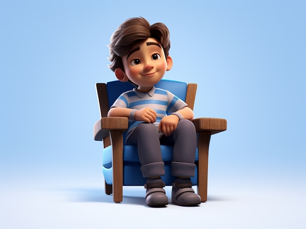 Renderowanie 3D kreskówki jak chłopiec na krześle