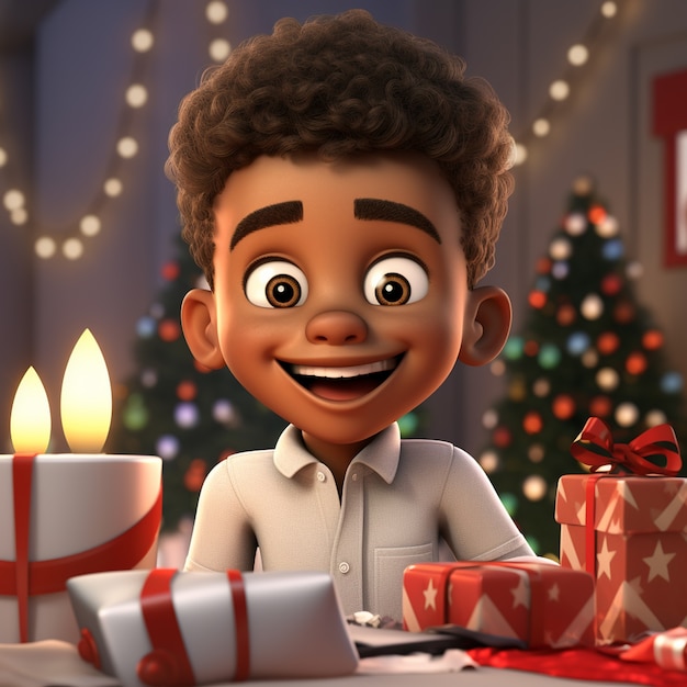 Renderowanie 3D kreskówki jak chłopiec w noc bożonarodzeniową