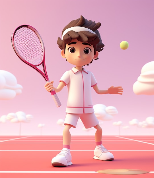 Bezpłatne zdjęcie renderowanie 3d kreskówki przypominającej chłopca grającego w tenisa