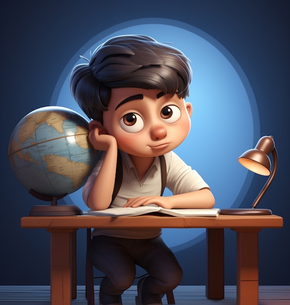 Renderowanie 3D kreskówki przypominającej chłopca odrabiającego pracę domową