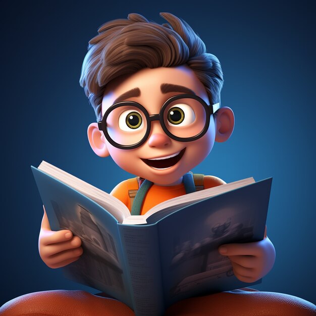 Renderowanie 3D kreskówki przypominającej czytanie chłopca