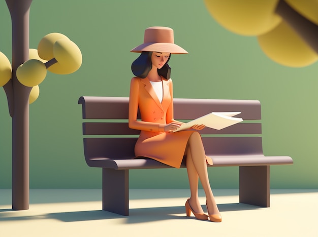 Bezpłatne zdjęcie renderowanie 3d kreskówki przypominającej kobietę czytającą na ławce