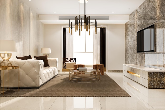 Bezpłatne zdjęcie renderowanie 3d luksusowy i nowoczesny salon ze skórzaną sofą i lampą