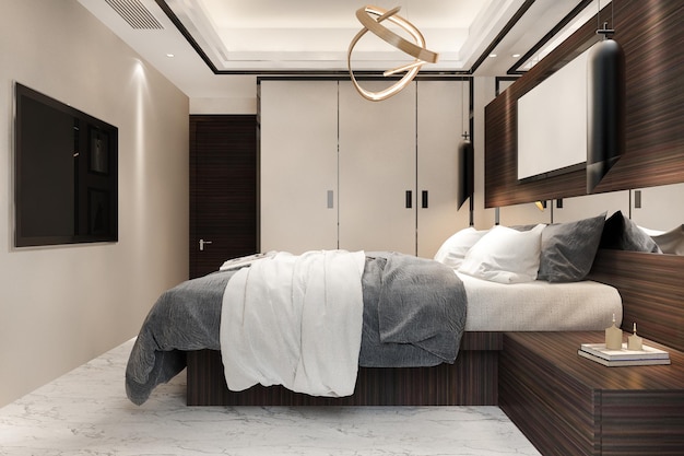 Renderowanie 3D luksusowy nowoczesny apartament w hotelu z telewizorem i szafką
