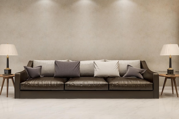Bezpłatne zdjęcie renderowanie 3d makiety drewnianego wystroju w salonie ze skórzaną sofą