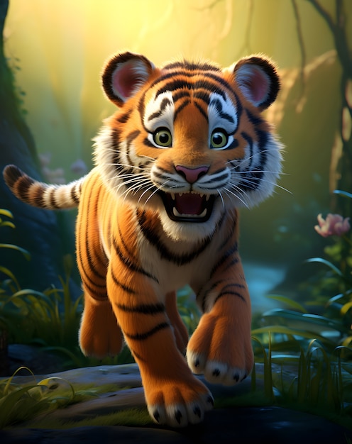 Renderowanie 3D młodego tygrysa rysunkowego
