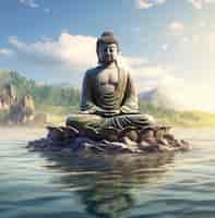 Bezpłatne zdjęcie renderowanie 3d posągu buddy na jeziorze