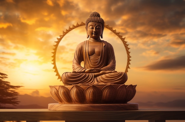 Bezpłatne zdjęcie renderowanie 3d posągu buddy o zachodzie słońca