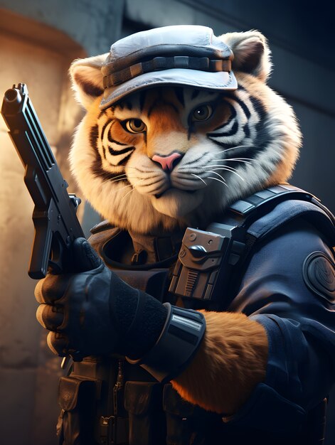 Renderowanie 3D przedstawiającego tygrysa rysunkowego jako funkcjonariusza policji