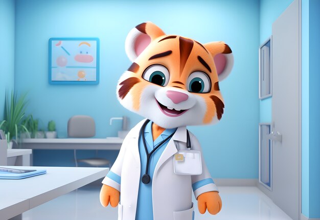 Renderowanie 3D przedstawiającego tygrysa rysunkowego jako lekarza