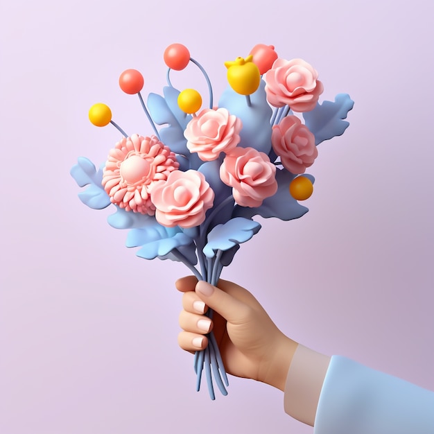 Renderowanie 3D ręki trzymającej bukiet kwiatów
