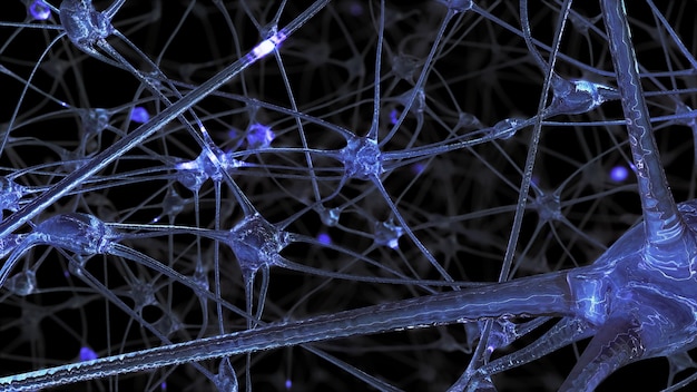 Renderowanie 3d sieci komórek neuronowych i synaps, przez które przechodzą impulsy elektryczne i wyładowania podczas przesyłania informacji w ludzkim mózgu