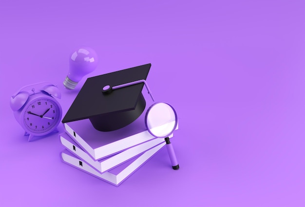 Bezpłatne zdjęcie renderowanie 3d szkła powiększającego czapka ukończenia szkoły żarówka z książkami realistyczne kształty 3d koncepcja edukacji online