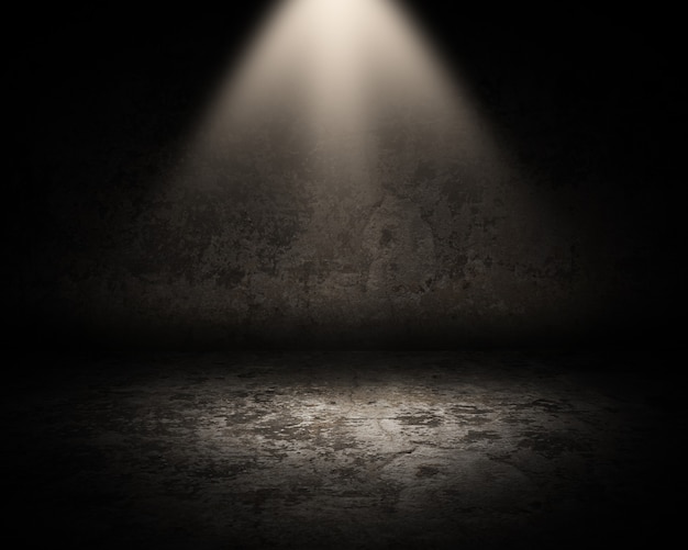 Bezpłatne zdjęcie renderowanie 3d wnętrza pokoju w stylu grunge ze świecącym w dół światłem reflektorów