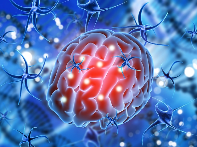 Bezpłatne zdjęcie renderowanie 3d z medycznego tła z mózgu zaatakowany przez komórki wirusa