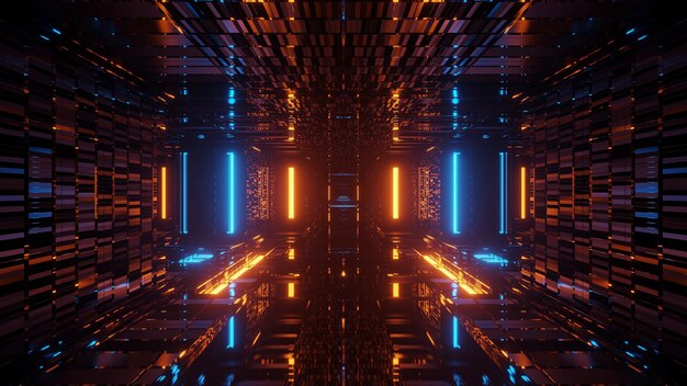 Renderowanie abstrakcyjne futurystyczne tło ze świecącymi neonowymi niebieskimi i pomarańczowymi światłami