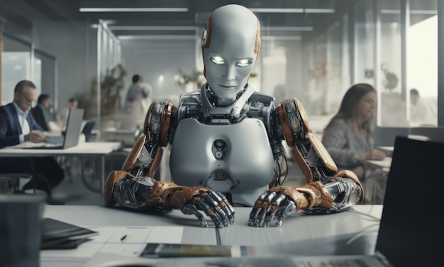 Bezpłatne zdjęcie robot pracujący w biurze zamiast ludzi