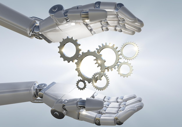 Robot renderujący 3D ręka trzymająca metalową przekładnię mechaniczną 3D