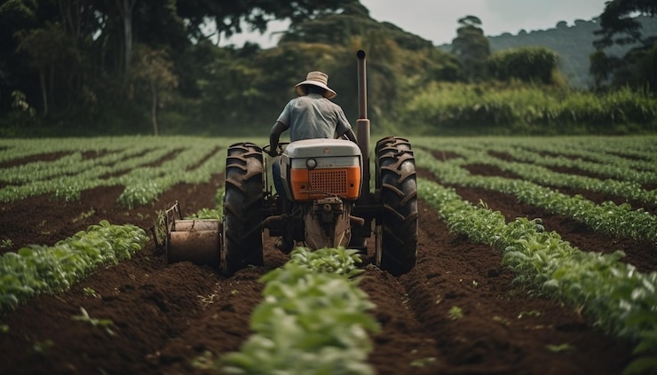 Bezpłatny plik Zdjęcie robotnik rolny prowadzący traktor opryskujący zieloną łąkę wygenerowany przez sztuczną inteligencję