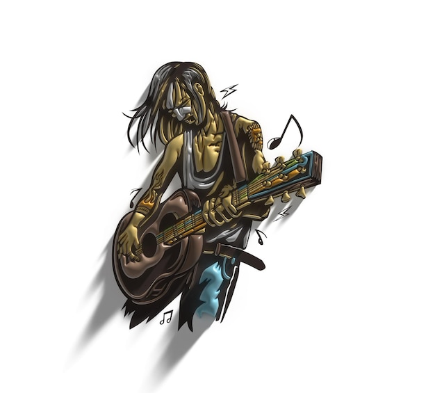Rockstar facet grający na gitarze, baner, zwój, naklejka, odznaka, metka z ceną, plakat.
