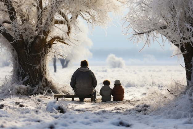 Bezpłatne zdjęcie rodzina podróżująca w ekstremalnej pogodzie na śniegu