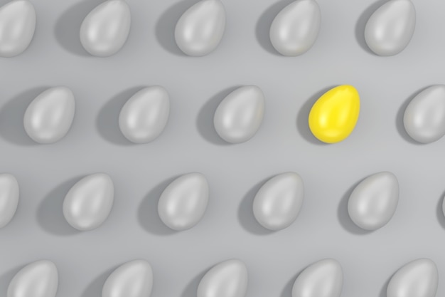 Rok 2021 modne kolory. podświetlanie żółtego jajka między rzędami szarych jaj na ostatecznym szarym tle. renderowanie 3d