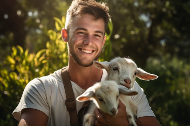 Bezpłatne zdjęcie rolnik dbający o fotorealistyczną farmę kóz