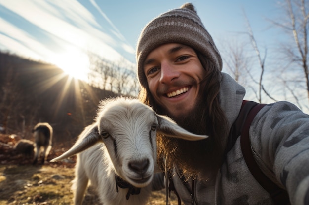 Bezpłatne zdjęcie rolnik dbający o fotorealistyczną farmę kóz