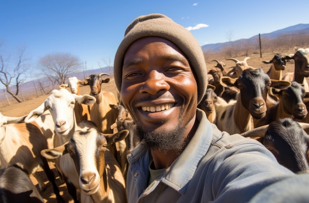 Bezpłatne zdjęcie rolnik dbający o fotorealistyczną farmę kóz