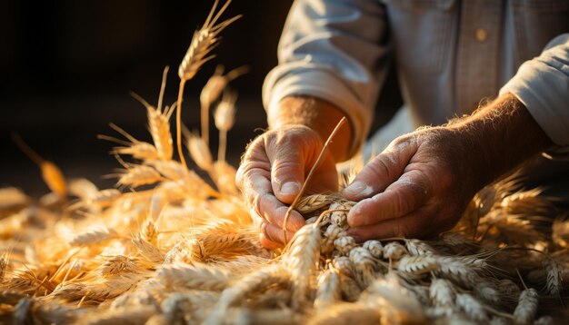 Rolnik zbierający latem dojrzałą pszenicę generowany przez sztuczną inteligencję