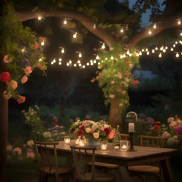 Bezpłatne zdjęcie romantyczna kolacja w ogrodzie w nocy ozdobiona kwiatami