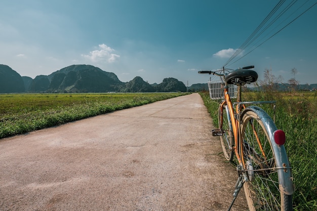 Rower zaparkowany na poboczu drogi między tarasami ryżowymi w Ninh Binh w północnym Wietnamie