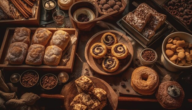 Rozkoszne domowe ciasteczka z kawałkami czekolady na rustykalnym drewnie wygenerowane przez sztuczną inteligencję