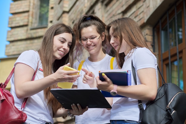 Rozmowa grupa dziewcząt studenckich, nastoletnich studentów college'u w pobliżu budynku z cegły. powrót na studia, początek zajęć, edukacja, liceum