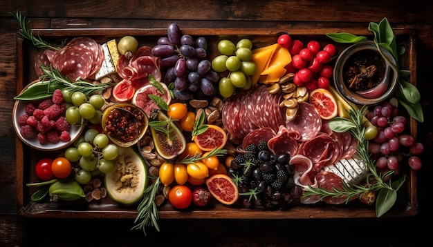 Bezpłatne zdjęcie różnorodność wyśmienitych mięs i owoców na tacy wygenerowanej przez sztuczną inteligencję