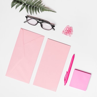 Różowa koperta; papier; nalotka klejowa; długopis; spinacze; okulary i paproć na białym tle