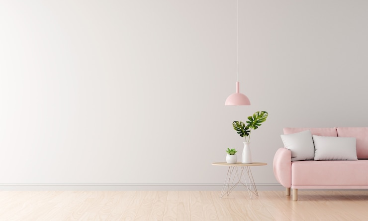 Bezpłatny plik Zdjęcie różowa sofa w białym salonie z miejscem na kopię