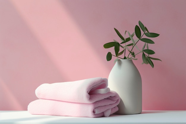Bezpłatne zdjęcie różowe ręczniki z wazonem