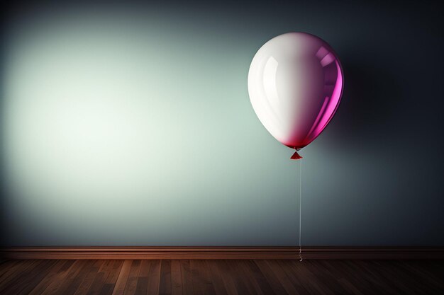 Różowy balon wisi na ścianie w pokoju z niebieską ścianą