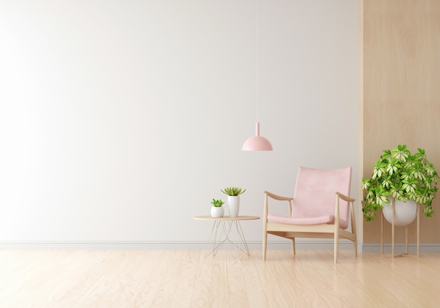 Różowy fotel w białym salonie z kopią przestrzeni