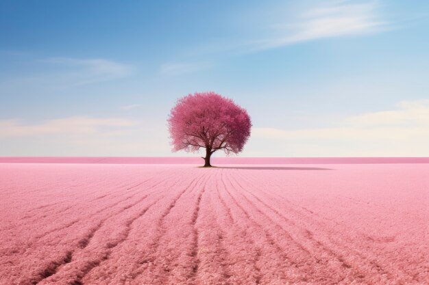 Różowy krajobraz przyrody z widokiem na drzewo i pole