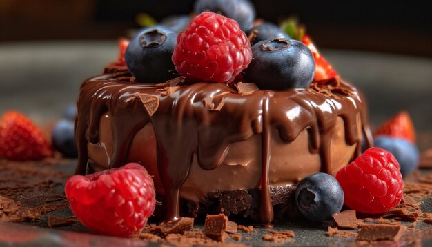 Bezpłatne zdjęcie rozpieszczający kawałek ciasta malinowego z ciemnej czekolady wygenerowany przez sztuczną inteligencję