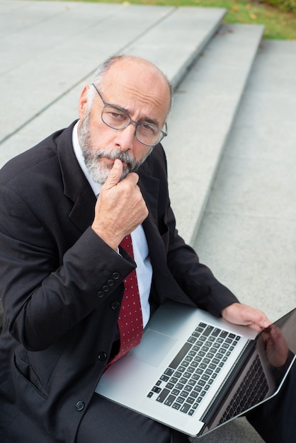 Rozważny Biznesmen Z Laptopu Mienia Ręką Na Podbródku