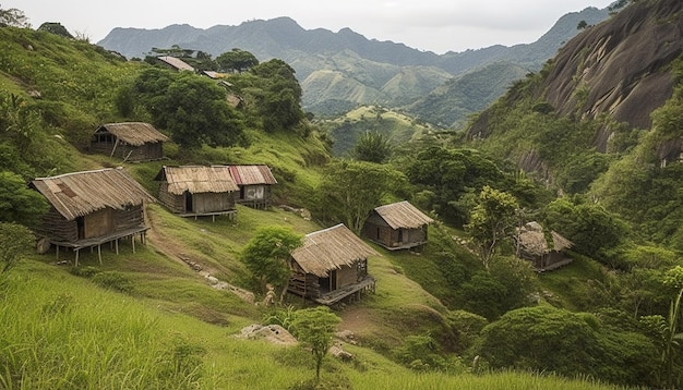 Bezpłatne zdjęcie rustykalna chata pośród zielonego pola ryżowego wygenerowanego przez sztuczną inteligencję