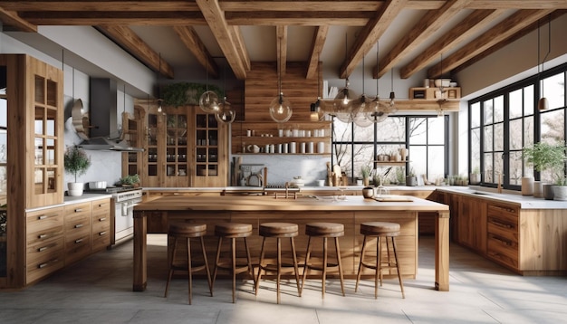 Rustykalna elegancja w nowoczesnej kuchni z twardego drewna ze stali nierdzewnej i dekoracji generowanych przez sztuczną inteligencję