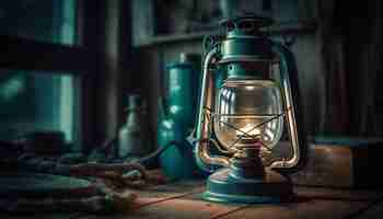 Bezpłatne zdjęcie rustykalna latarnia świeci nostalgicznym blaskiem świec na zewnątrz, generowanym przez sztuczną inteligencję