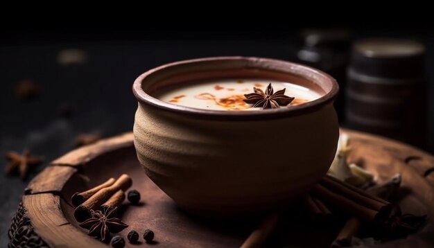 Bezpłatne zdjęcie rustykalna latte z dekoracją z przyprawami rozgrzewa zimę wygenerowaną przez sztuczną inteligencję