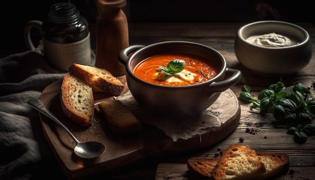Rustykalna miska wykwintnej zupy warzywnej wygenerowana przez sztuczną inteligencję
